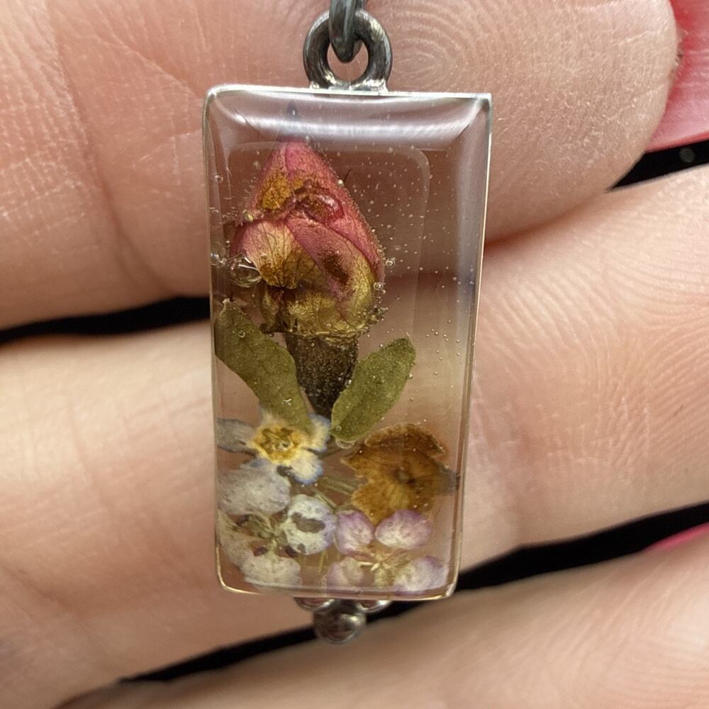 ATi - 925 Sterling Silver Real Dried Flowers Resin Pendant Necklace Mexico Boho